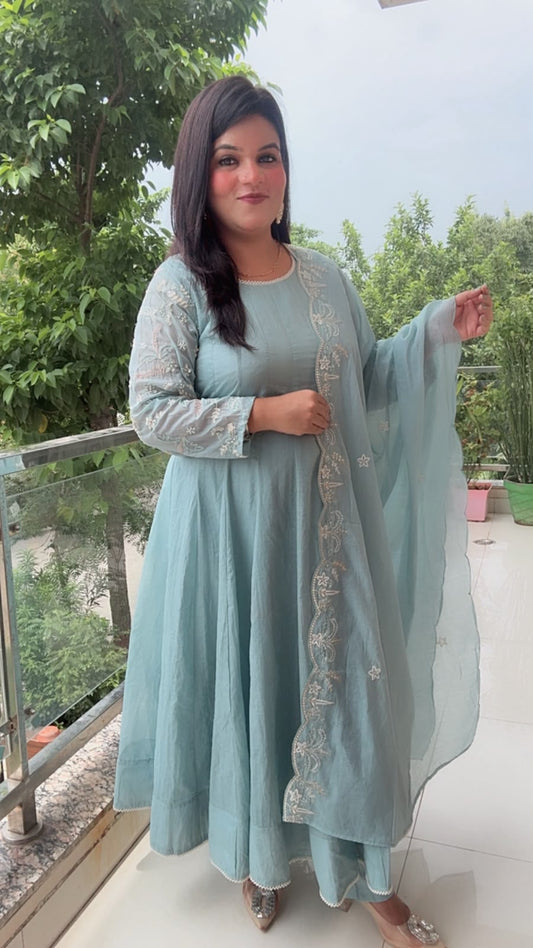 Sea Green Mal Cotton Anarkali Suit