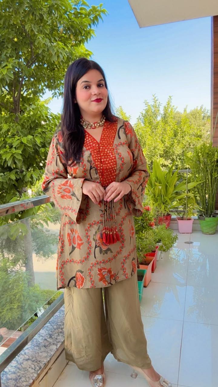 Beige Floral Print Cord-Set