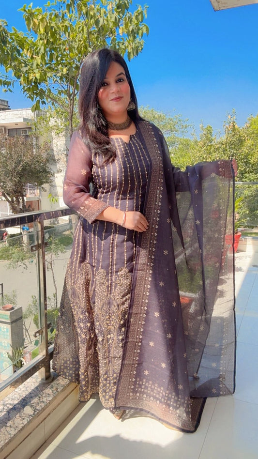 Linen Silk Grey Anarkali Suit