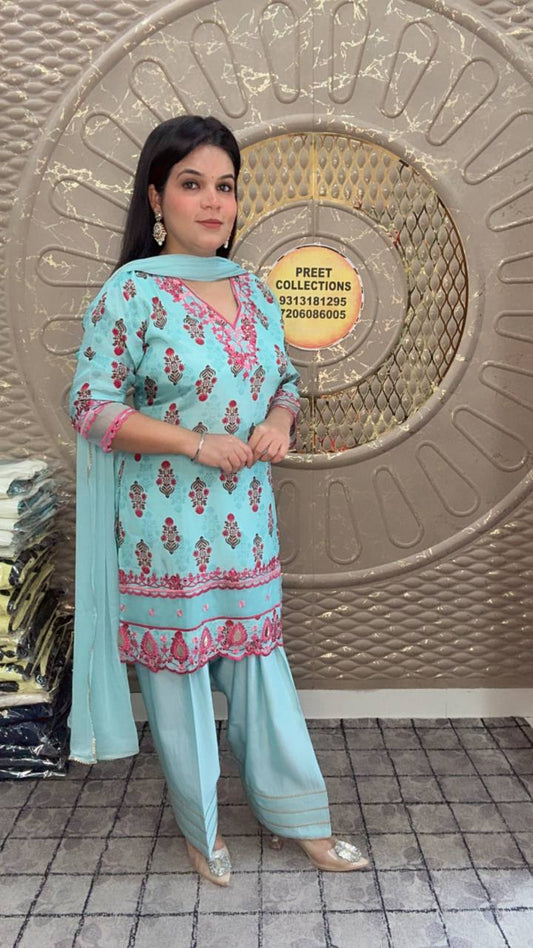 Light Blue Crepe Farshi Salwar With Pink Embroidery