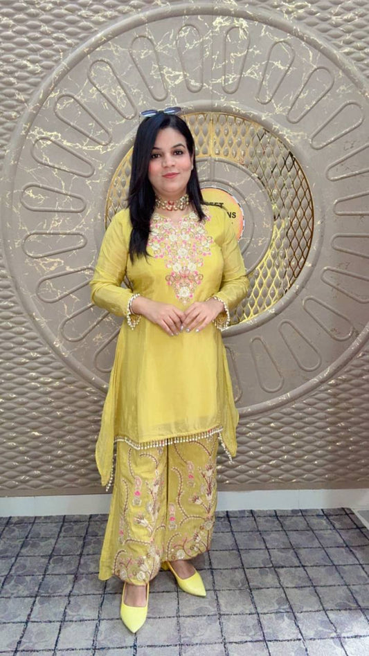 Yellow Printed Shimmer Silk Cord-Set