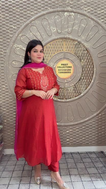 Red Anarkali Map Cotton Suit