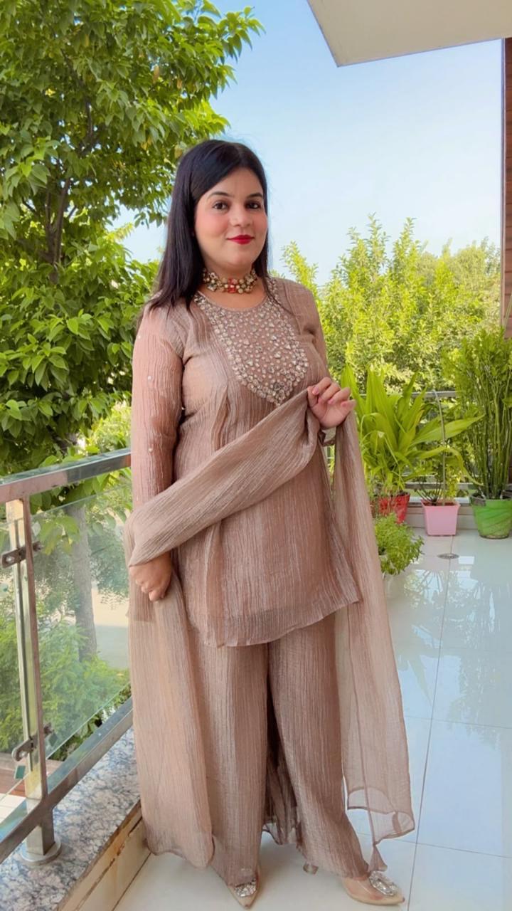 Shimmering Champagne Crush-tissue Three-Piece Ethnic Suit Set
