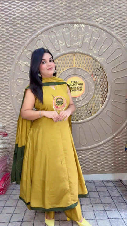 Mustard Yellow With bottle green Mal Silk Suit