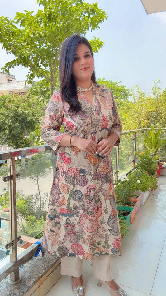 Beige Color Long Kurti Set For Summers ☀️