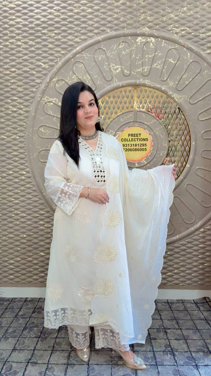 White And Cream Embroidery A LINE Mal Cotton Suit