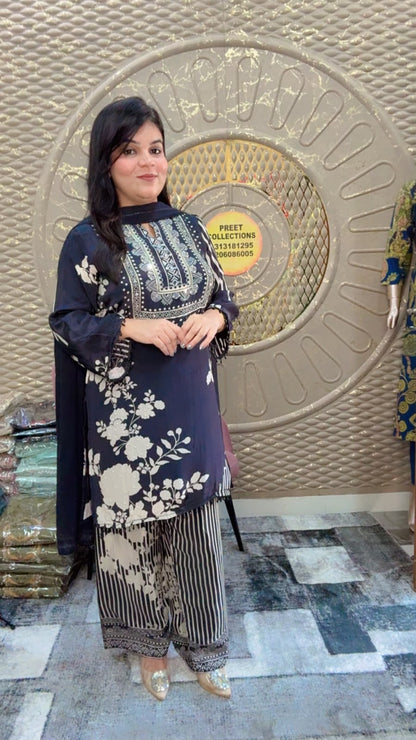 Blue Floral Crepe Suit