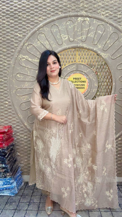 Beige Linen Silk Suit With Embroidery