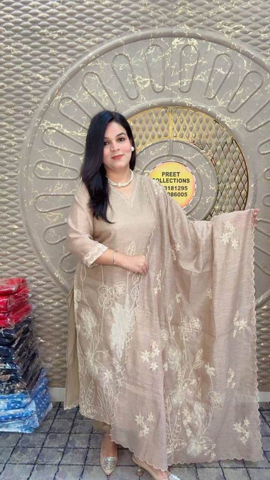 Beige Linen Silk Suit With Embroidery