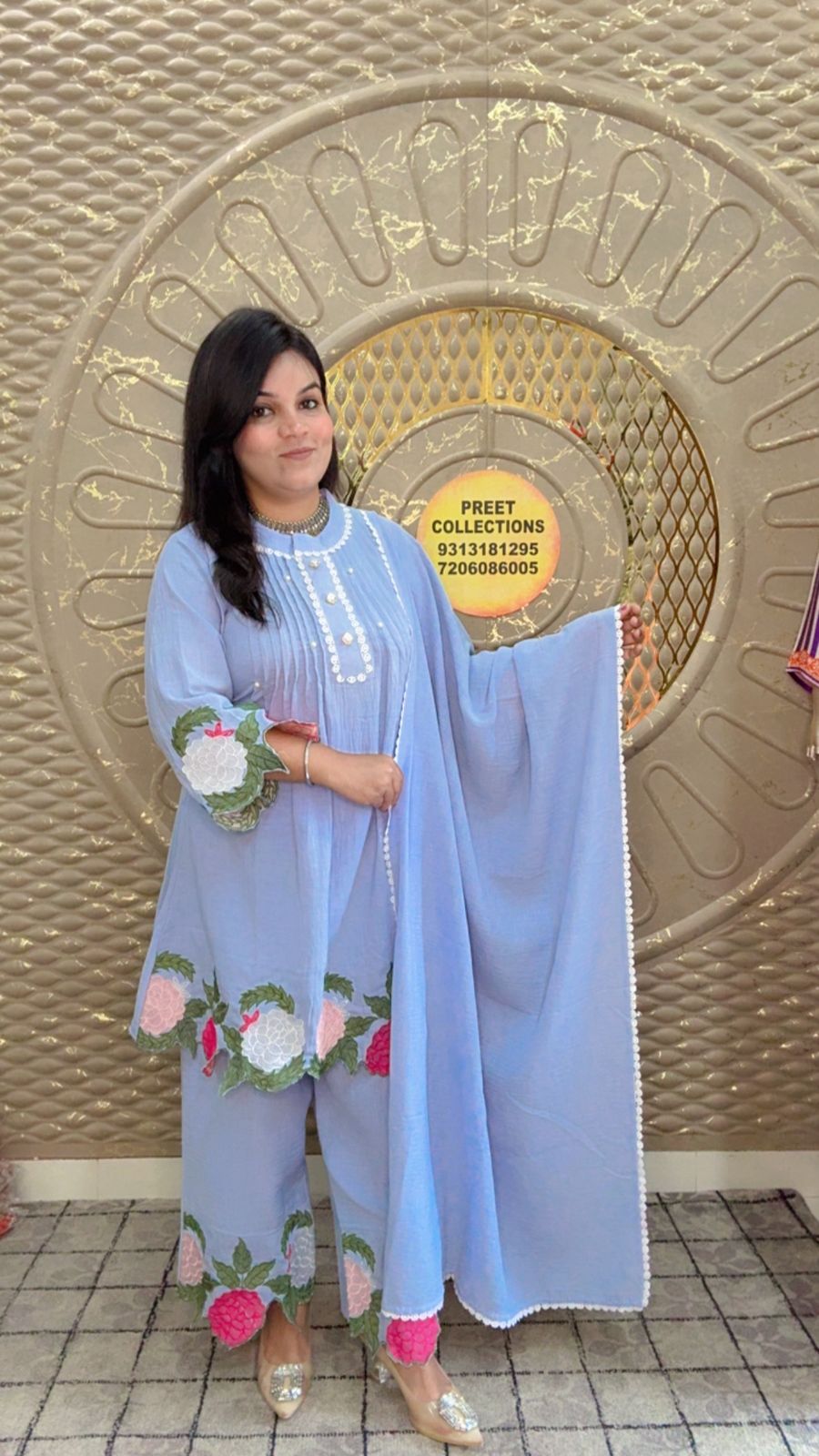 Light Blue With White Floral Applique