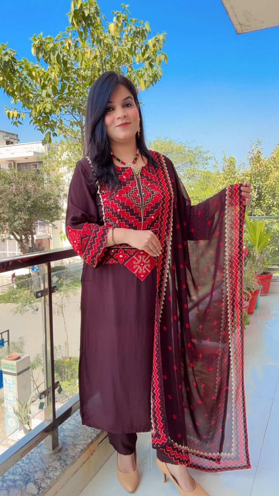 Crepe Brown or Red Printed Suit