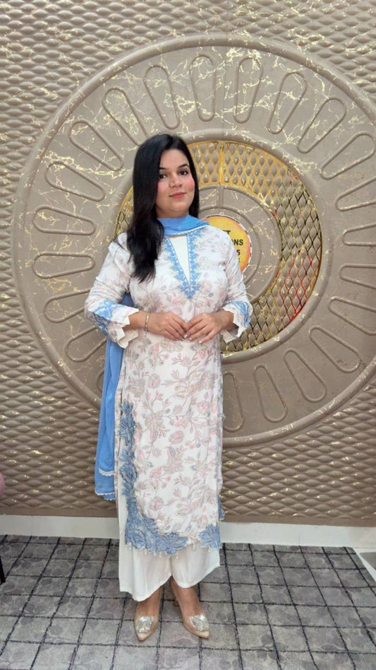 Pakistani-Style Kurta With Blue lace Border Cotton Rayon Suit
