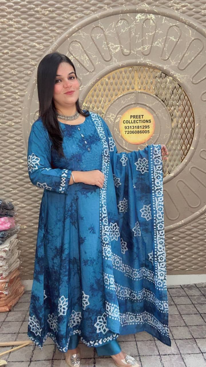 Blue Printed Anarkali Kurta Set With Embroidered Dupatta