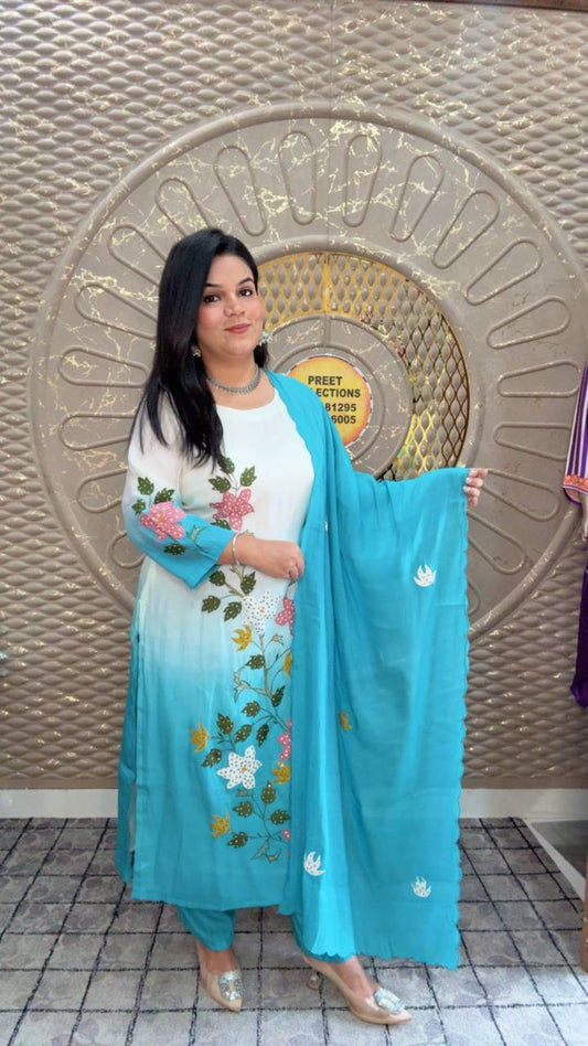 White And Blue Ombre Hand Painted Floral Straight Fit Kurta 
set.