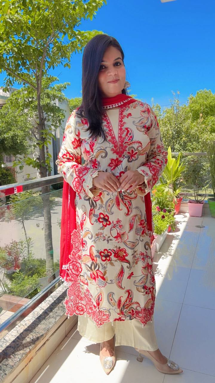 White and Red Floral Thread Embroidery Cotton Rayon Suit Set