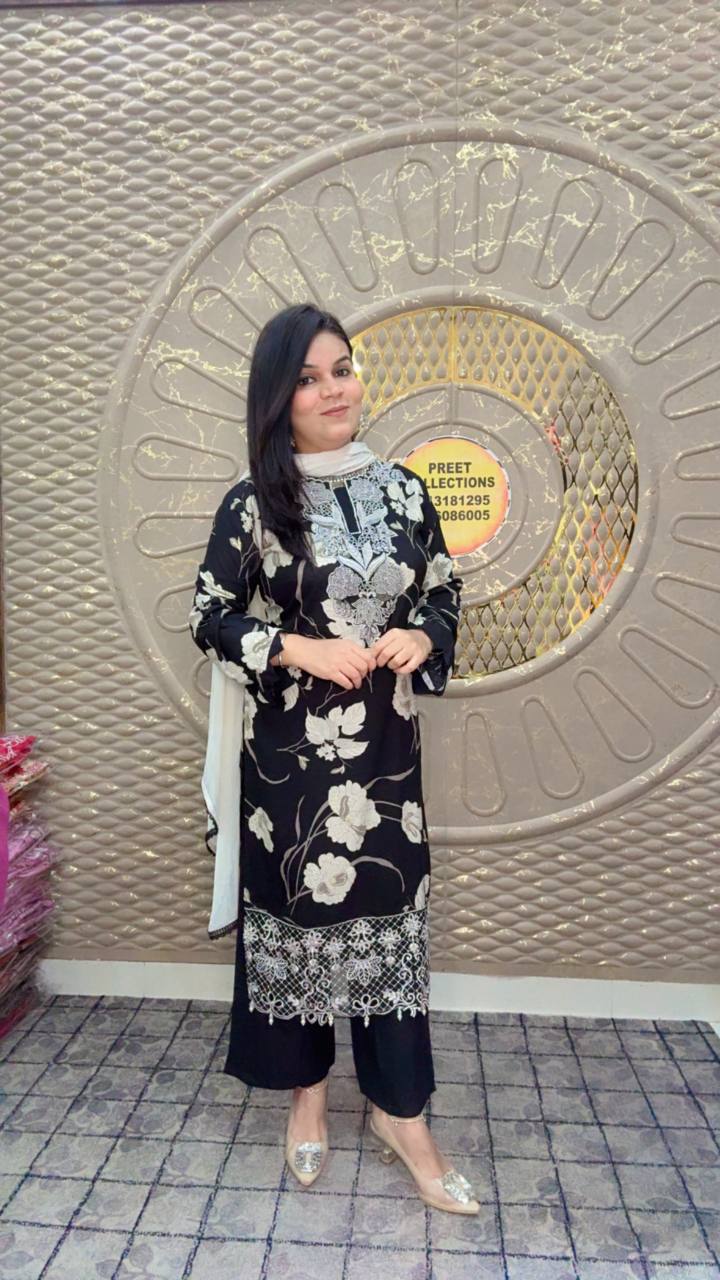 Black Printed Rayon Suit