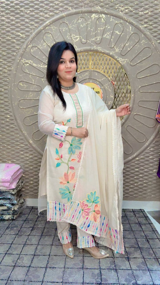 White Kota Doria Floral Embroidered Suit Set