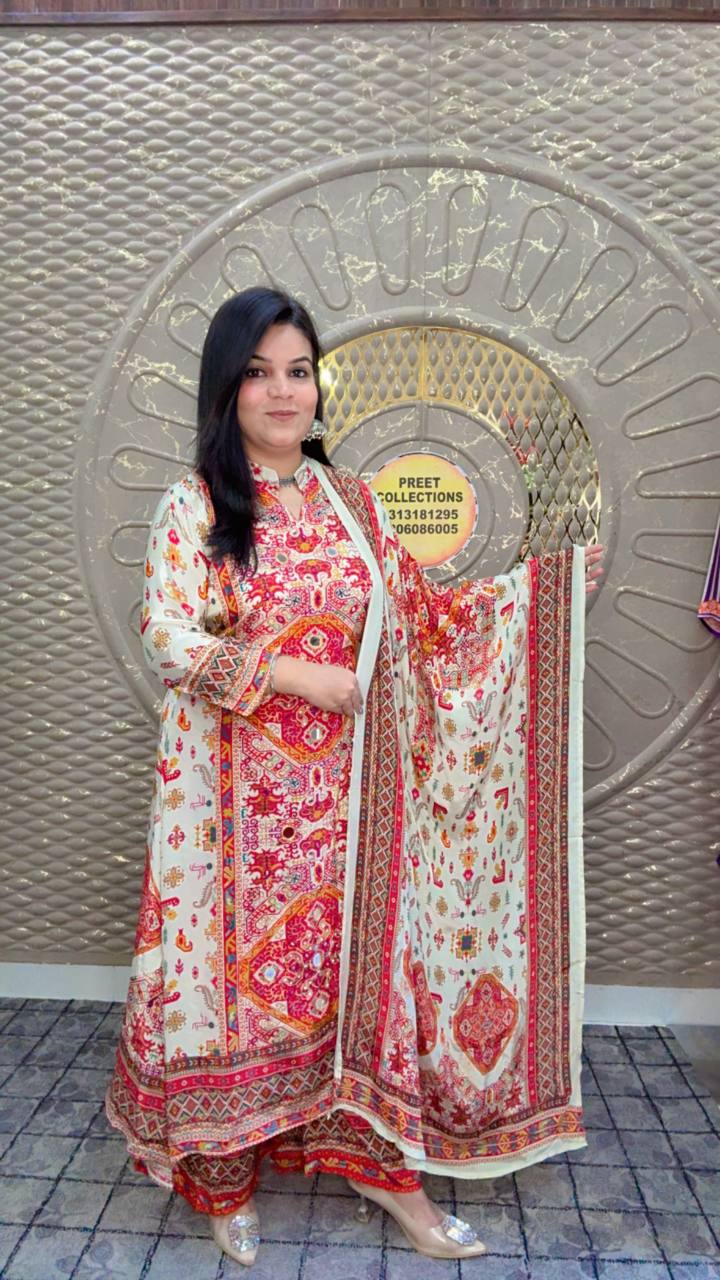 White And Red Floral Print Crepe Suit Set
