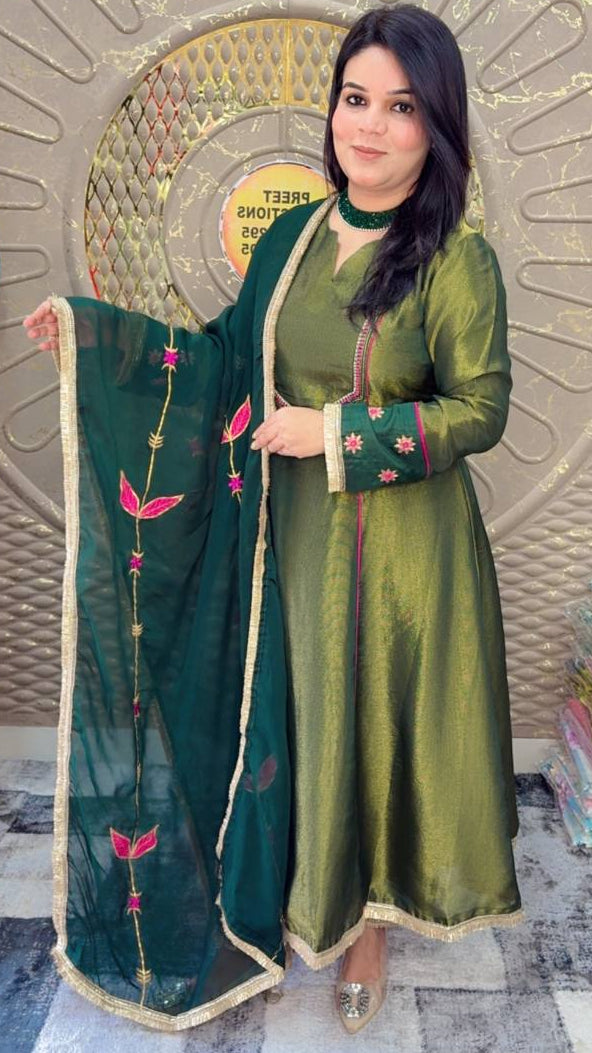 Green ethnic Tissue Silk suit hand- work Embroidery