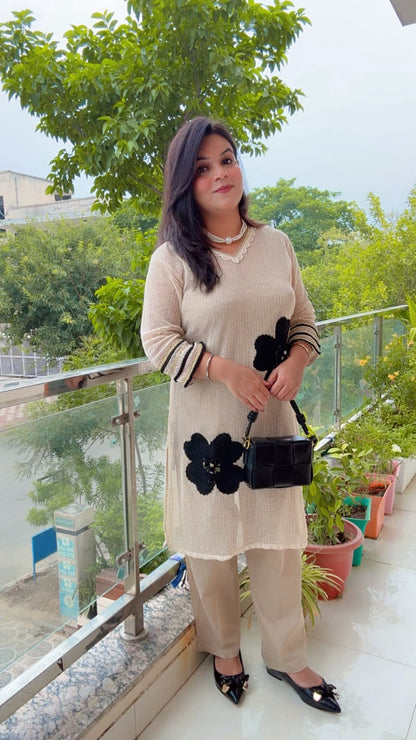 Beige Crochet Cotton Kurta Set