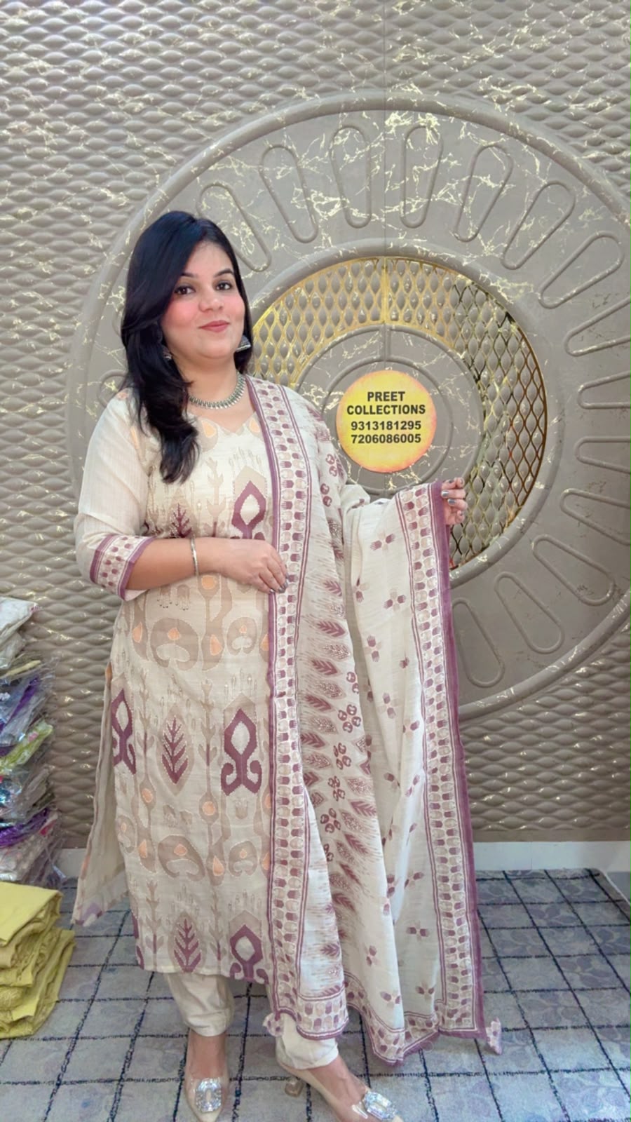 White and Brown Printed Suit