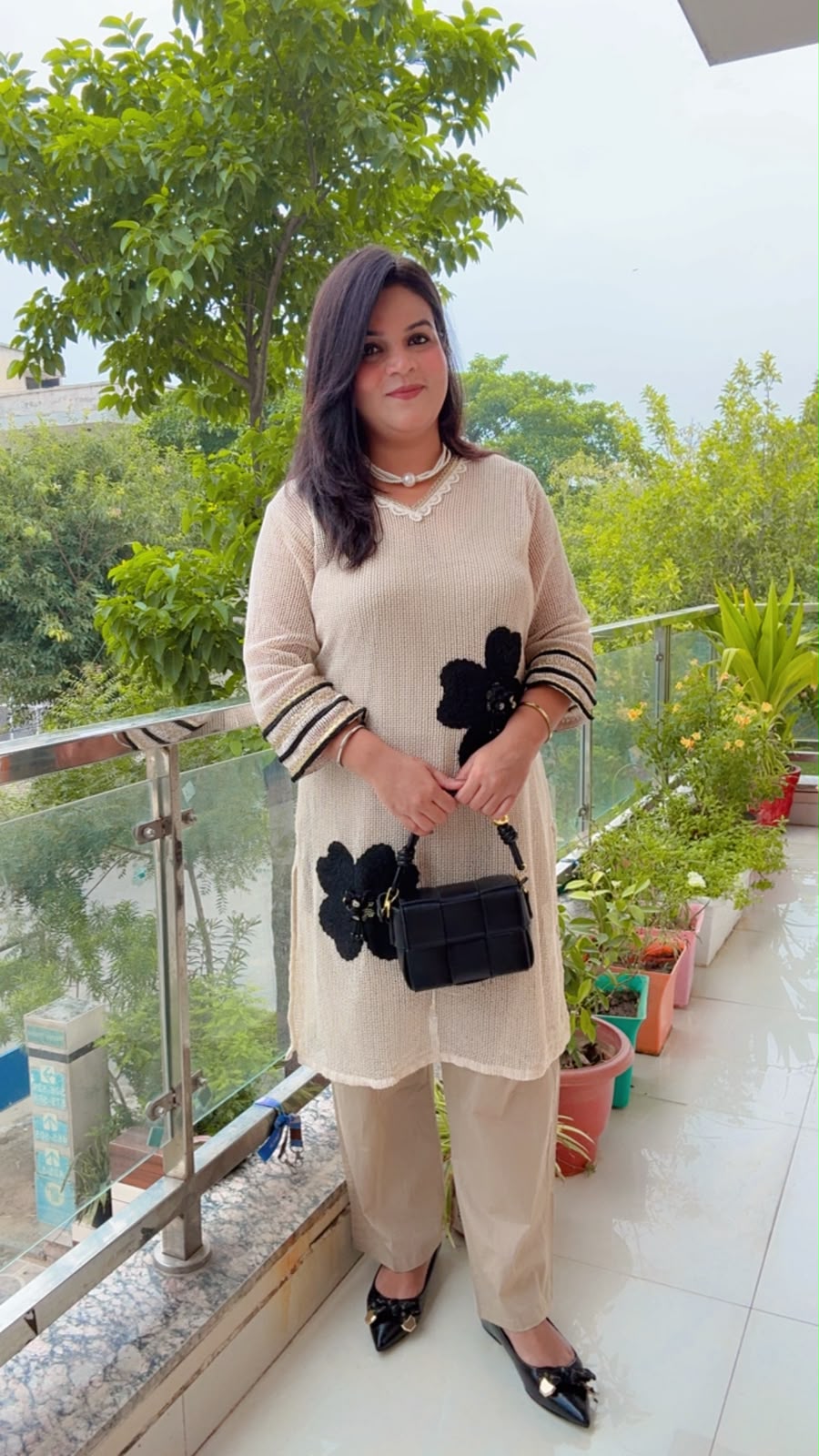 Beige Crochet Cotton Kurta Set