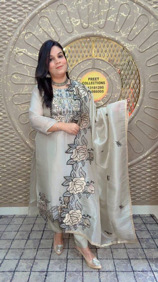 Shimmer Silk Grey With Embroidered Dupatta
