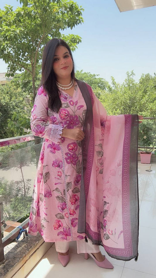 Cotton Schiffli Pink Floral Printed Suit