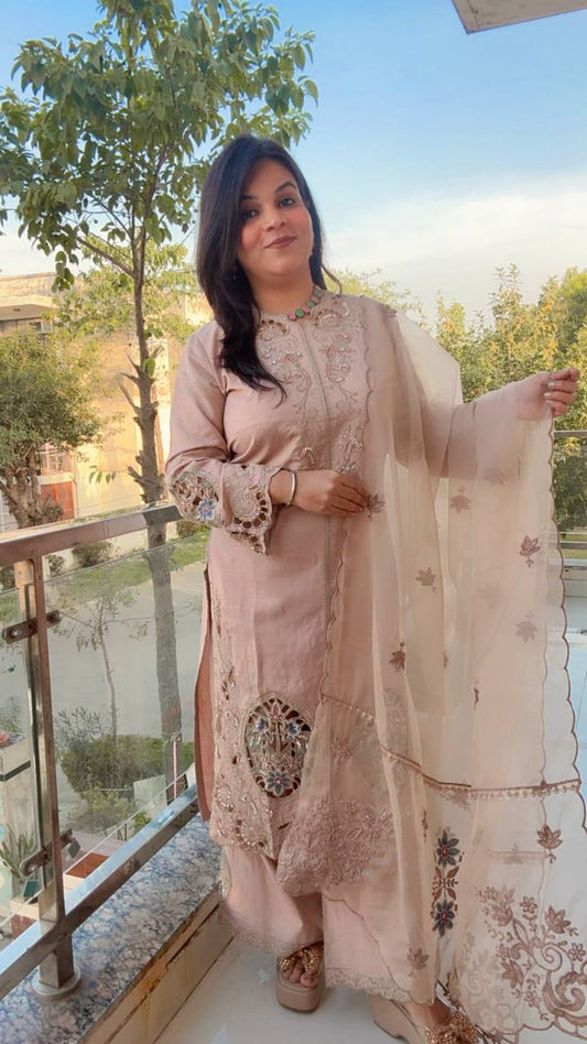 Cream Cotton silk embroidered