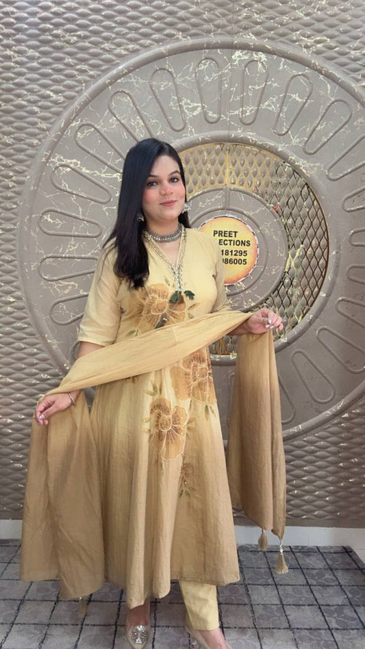 Cream Anarkali Mal Chanderi Suit