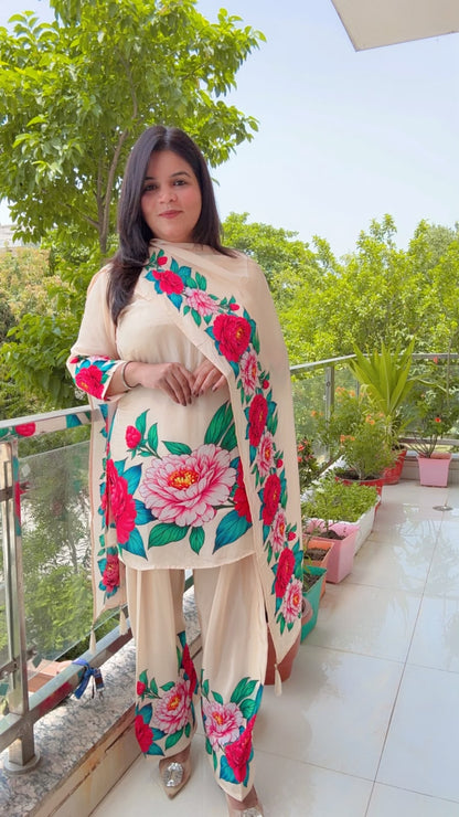 Cream Crepe Floral Farshi Salwar Suit