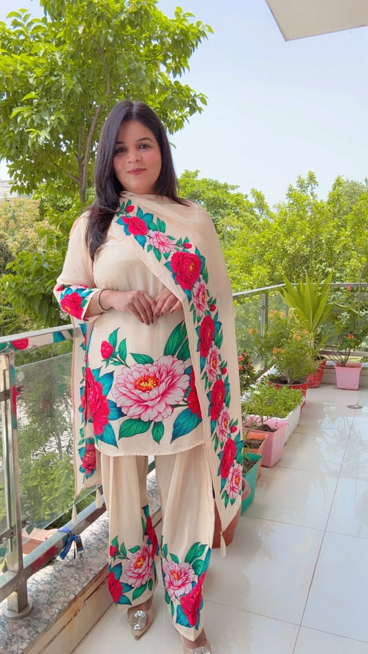 Cream Crepe Floral Farshi Salwar Suit