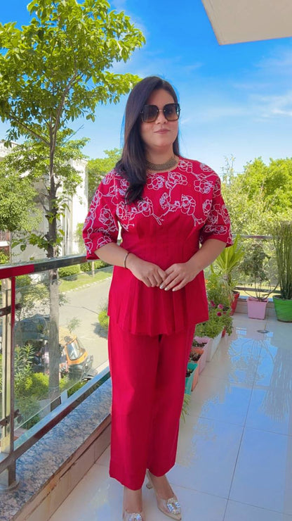 Red Floral Cotton Cord-Set For summer
