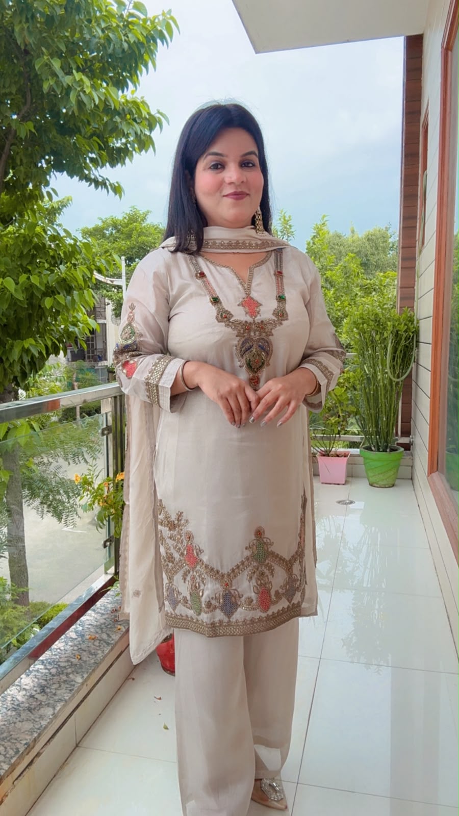Shimmer Silk Cream And Embroidered Suit Set