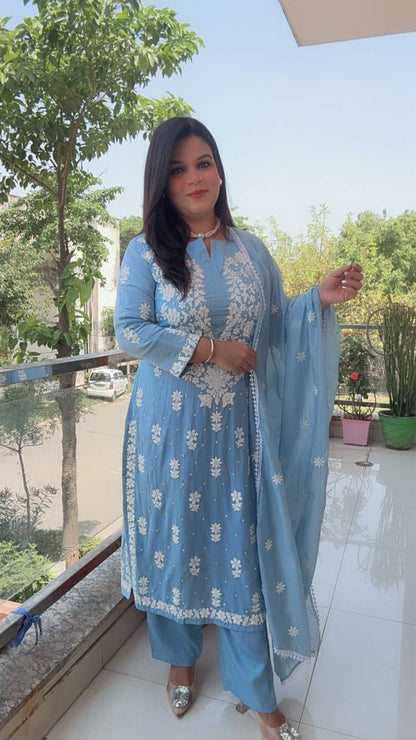 Map Cotton  Sky Blue Embroidered Suit