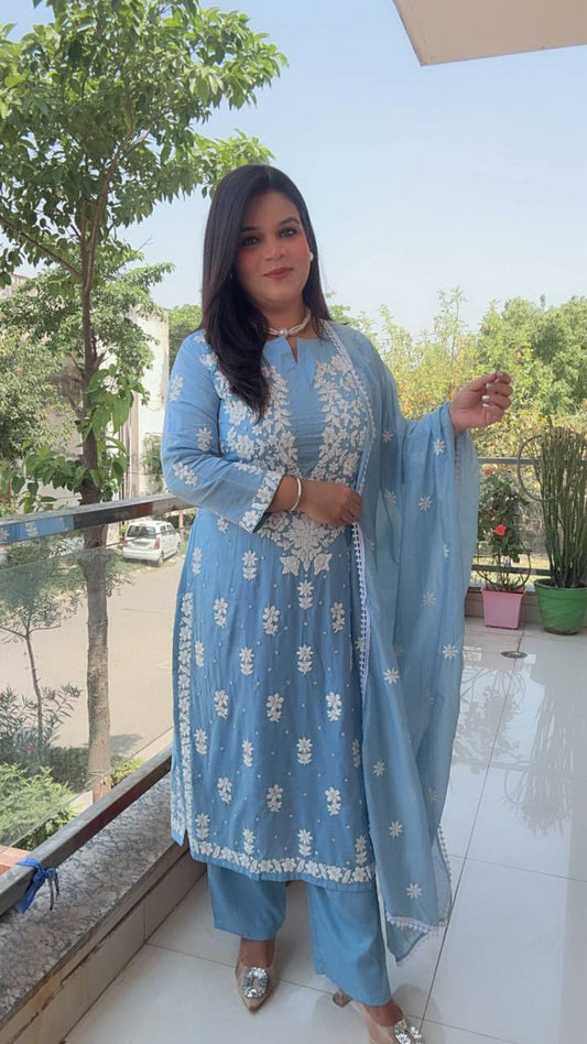 Map Cotton  Sky Blue Embroidered Suit
