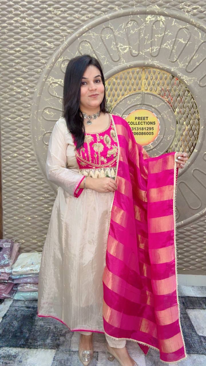 Pink & White Organza Silk Anarkali
