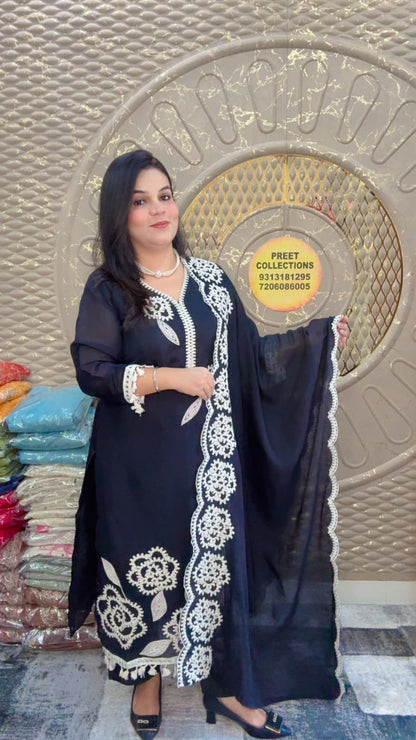Dark Blue Crush Cotton Organza Silk Suit