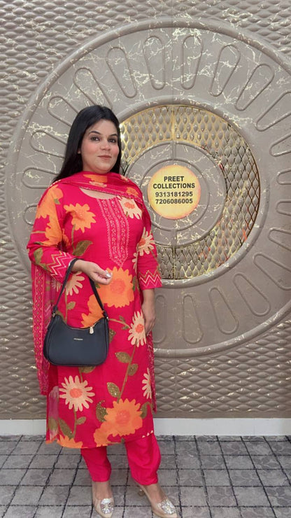 Bright Red Floral Kurta Set