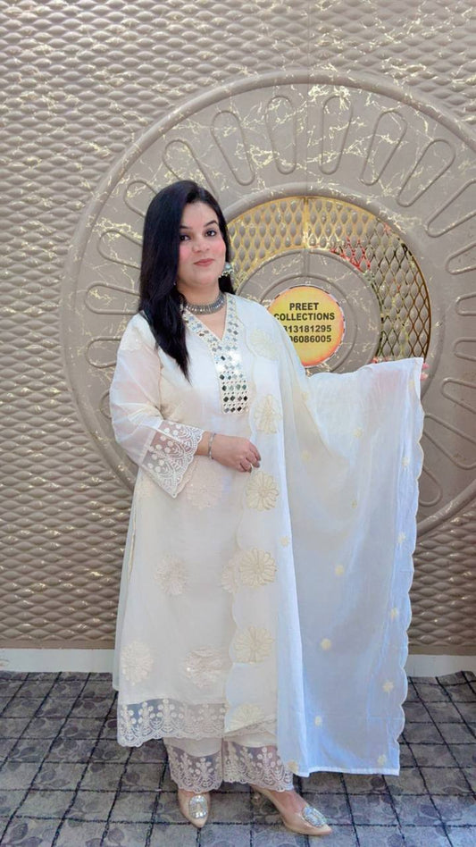 White And Cream Embroidery A LINE Mal Cotton Suit
