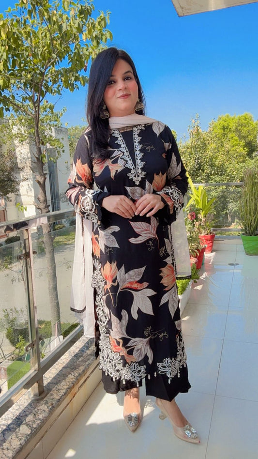 Black Printed Cotton Reyon Three Piece suit