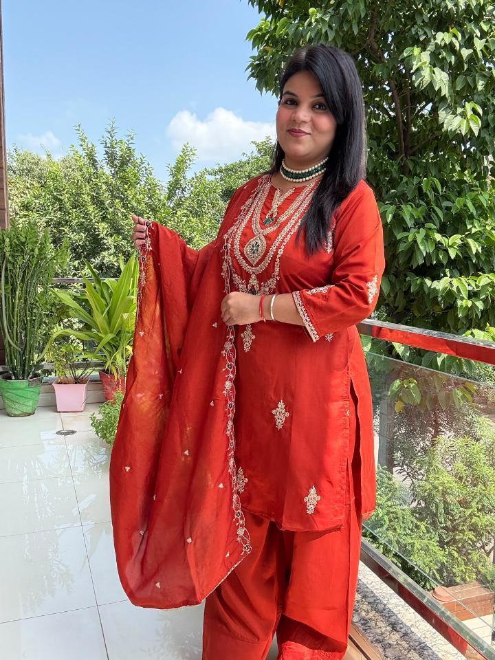 Vibrant Orange Dola Silk Suit