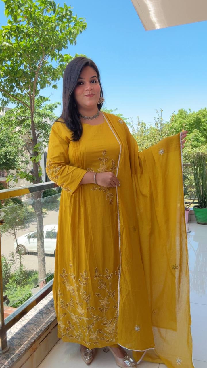 Mustard Yellow Mal Cotton Anarkali Kurtq Set