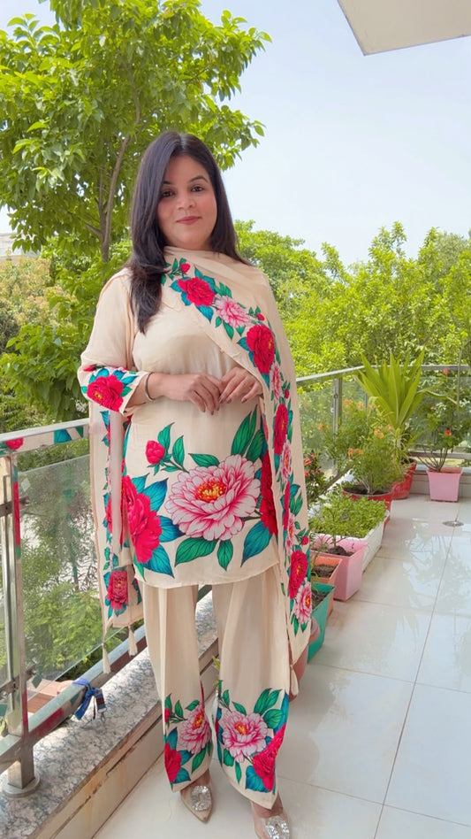 Cream Crepe Floral Farshi Salwar Suit