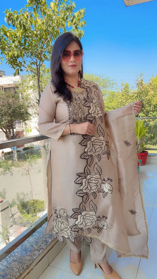 Cream Shimmer Silk Three Piece Suit