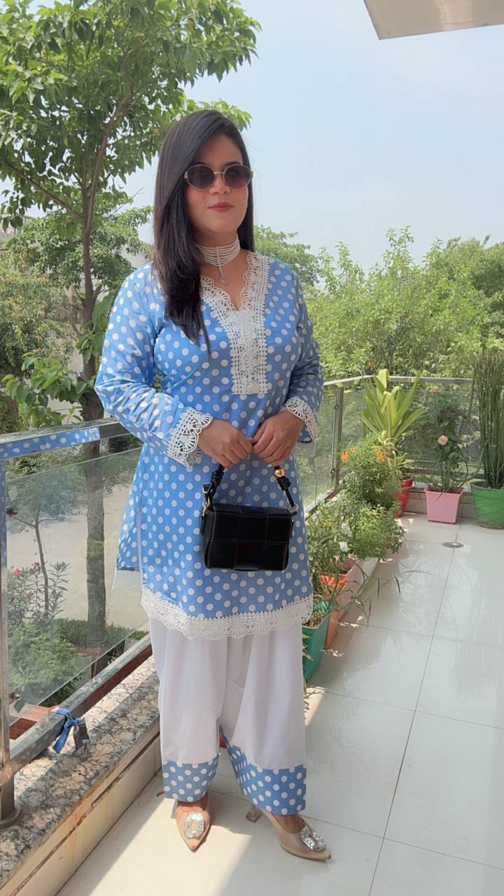 White And Blue Polka Dot Detailing Cotton Cord-Set
