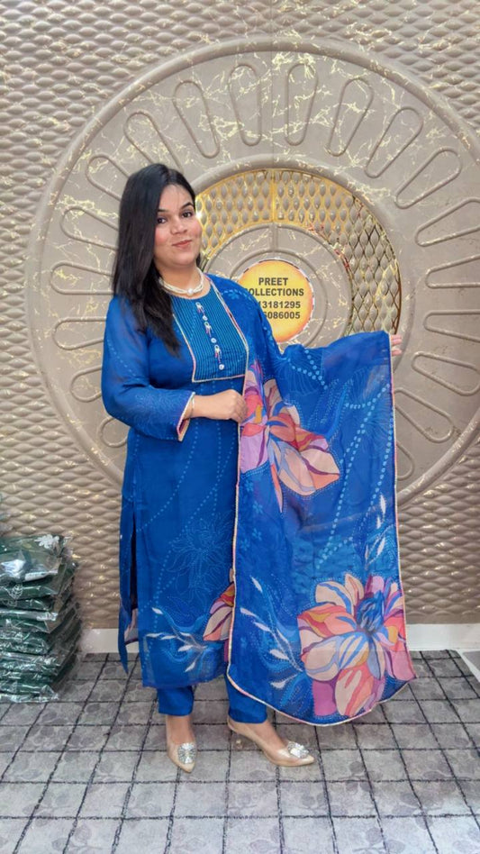 Organza Blue Printed Suit