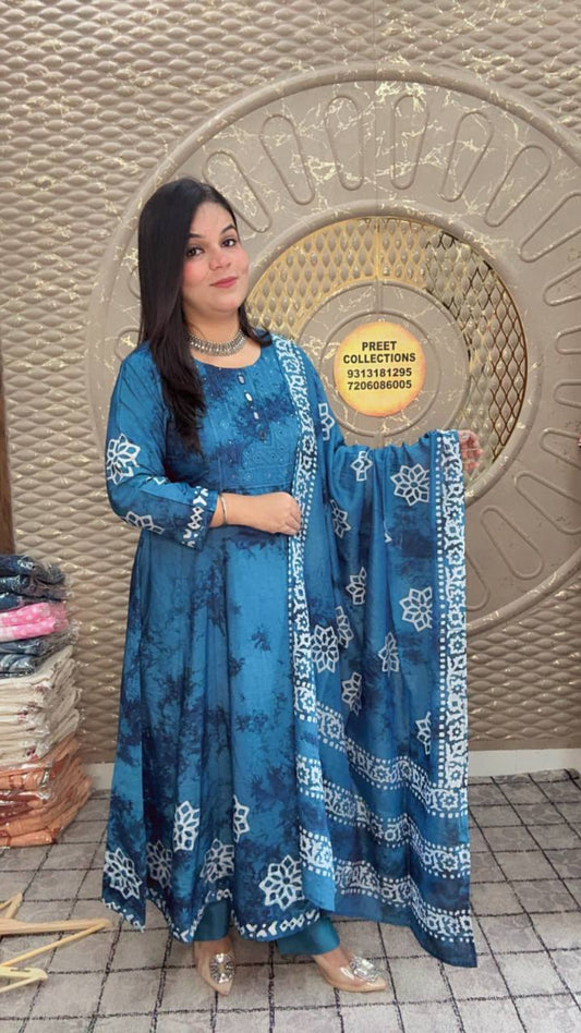 Blue Printed Anarkali Kurta Set With Embroidered Dupatta