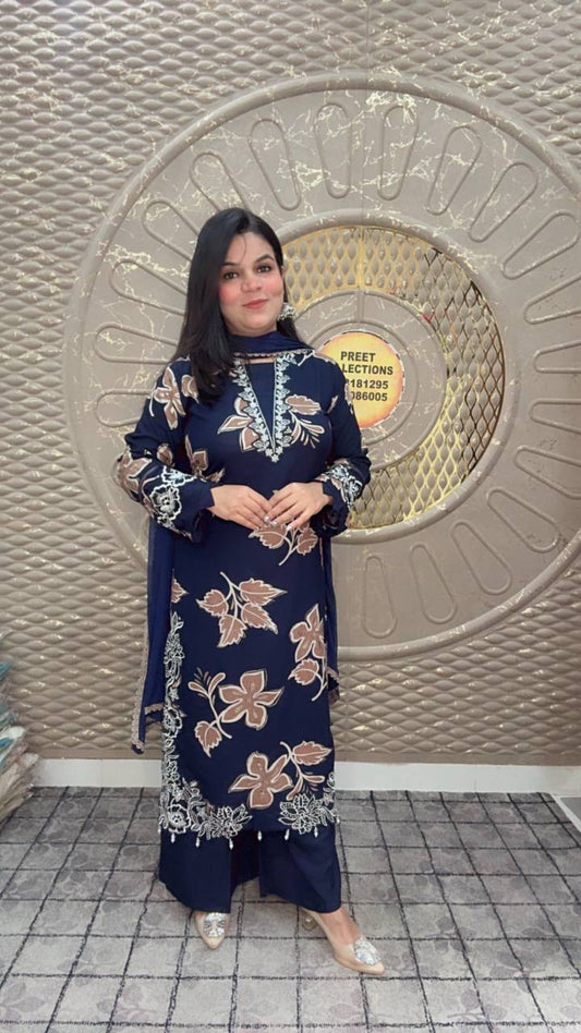 Cotton Rayon Blue Printed Suit