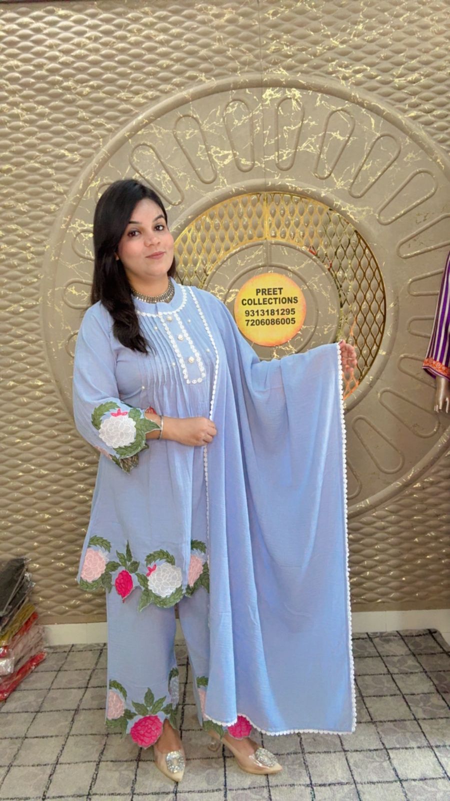 Light Blue With White Floral Applique